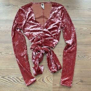 Balletcore crushed velvet wrap top, coral pink, sash tie, size small